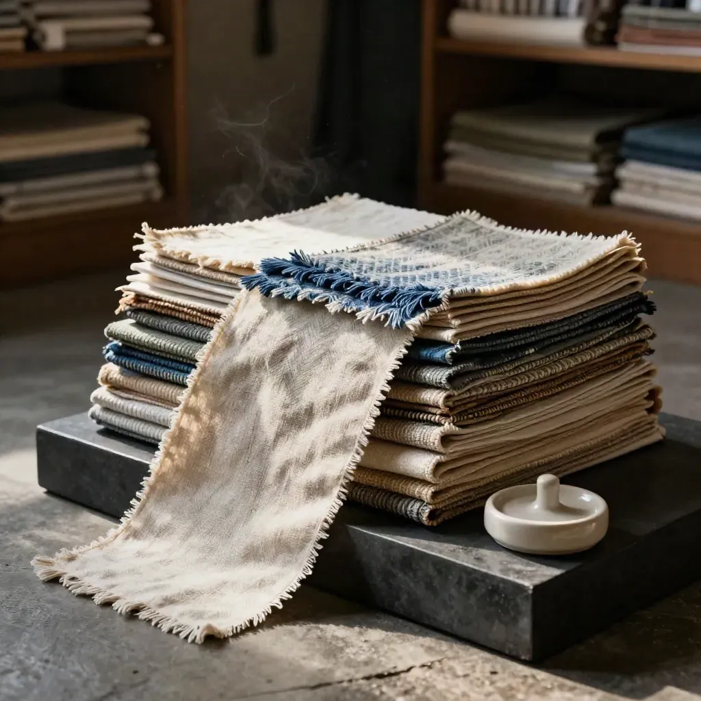 Cinematic textile archive with layered swatch books, weave samples, cloth bolts, and a ceramic weight.