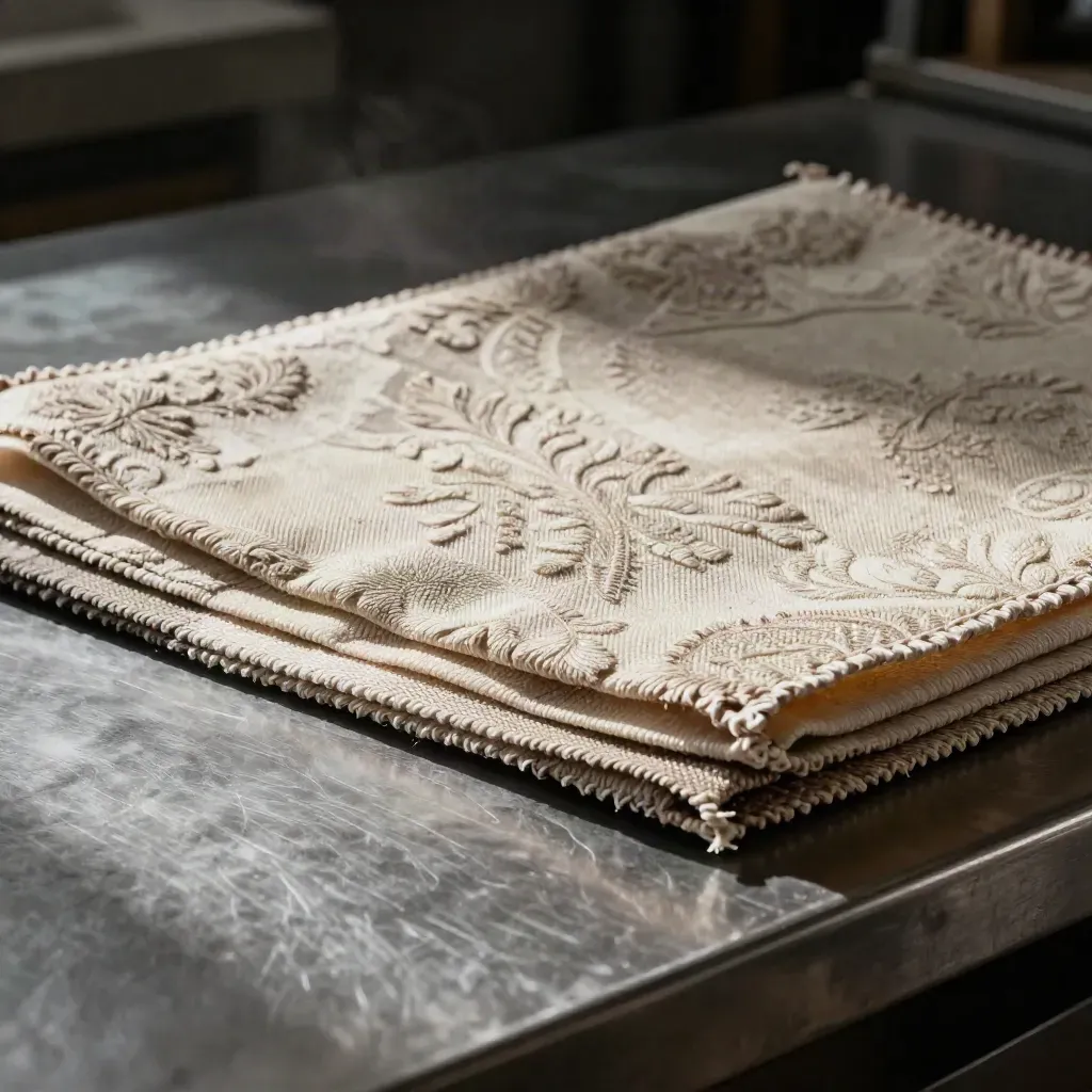 Jacquard panel, damask sample, and woven swatch on steel in raking workshop light.