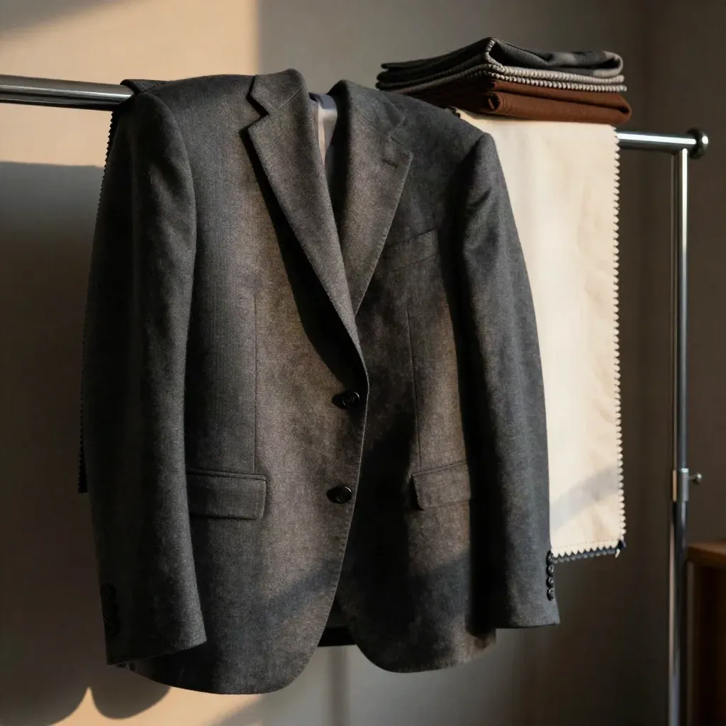 Charcoal wool suiting swatches draped on a chrome rail in warm atelier light.