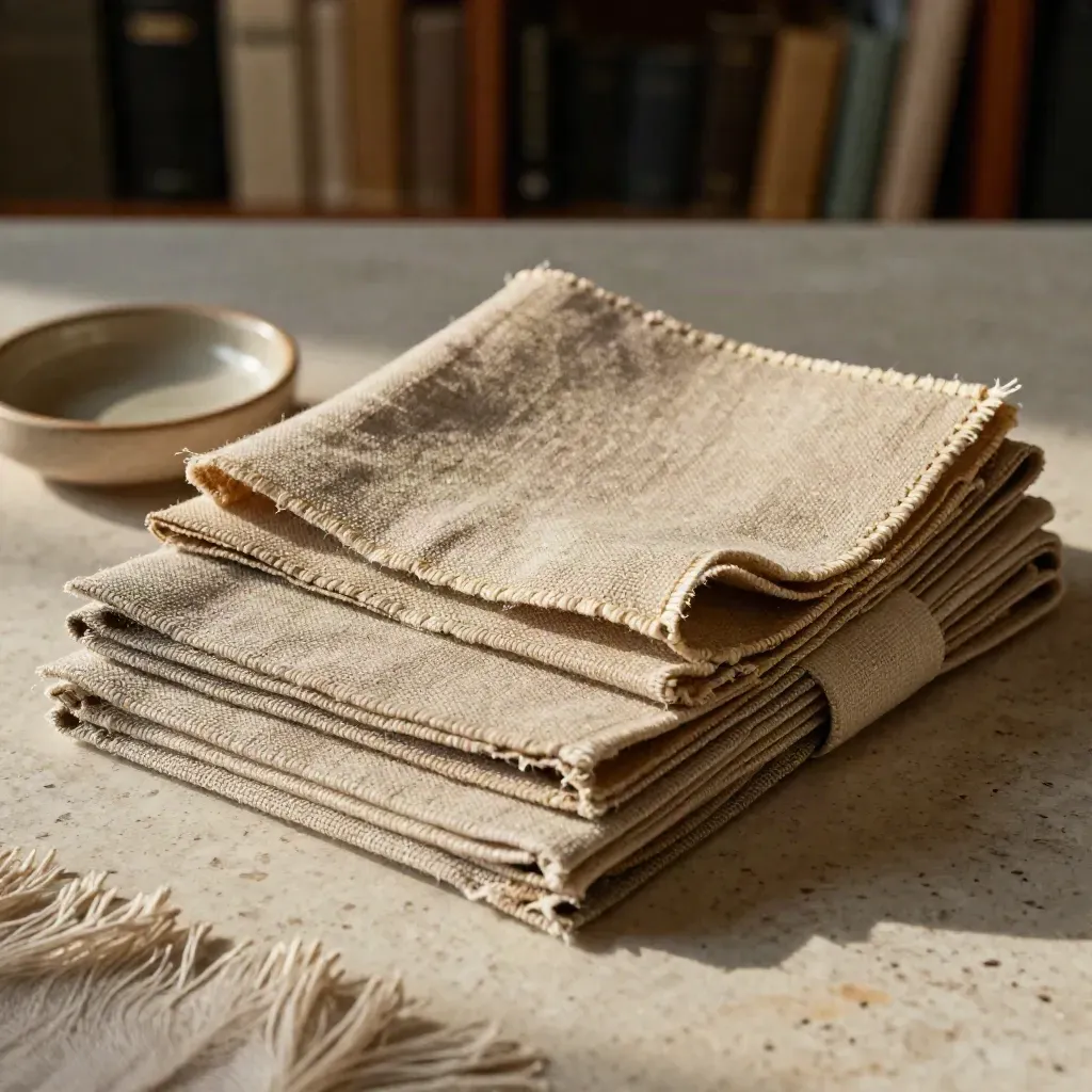 Linen swatches on travertine with a ceramic weight and folded cloth in soft light.