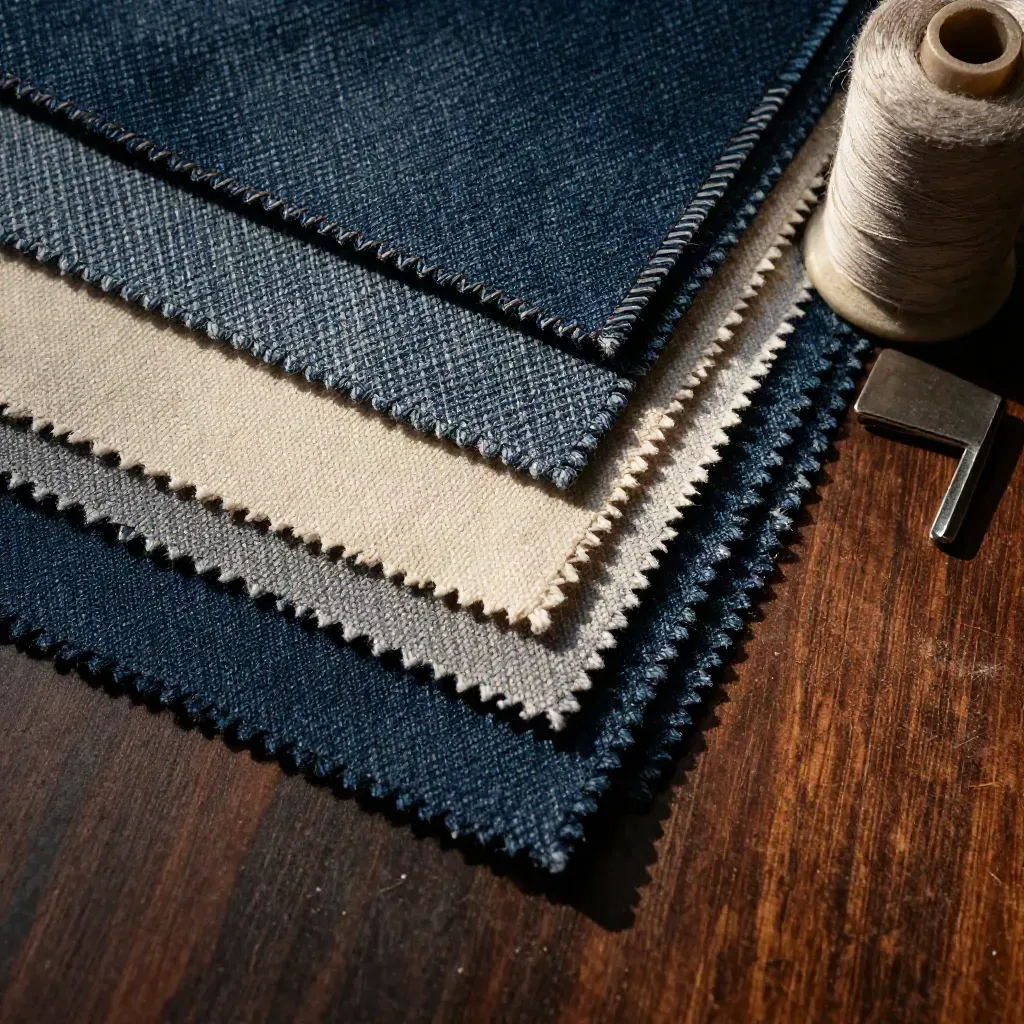 Top-down swatches of indigo denim and cotton drill shifting beside a metal clip and thread spool.