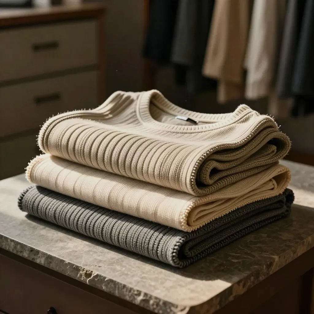Knit swatches looped over stone under dramatic light in a textile archive.