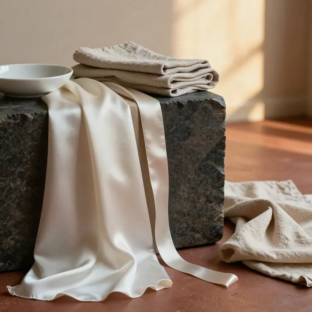 Silk swatches on a dark stone block beside a ceramic dish and folded linen in warm light.