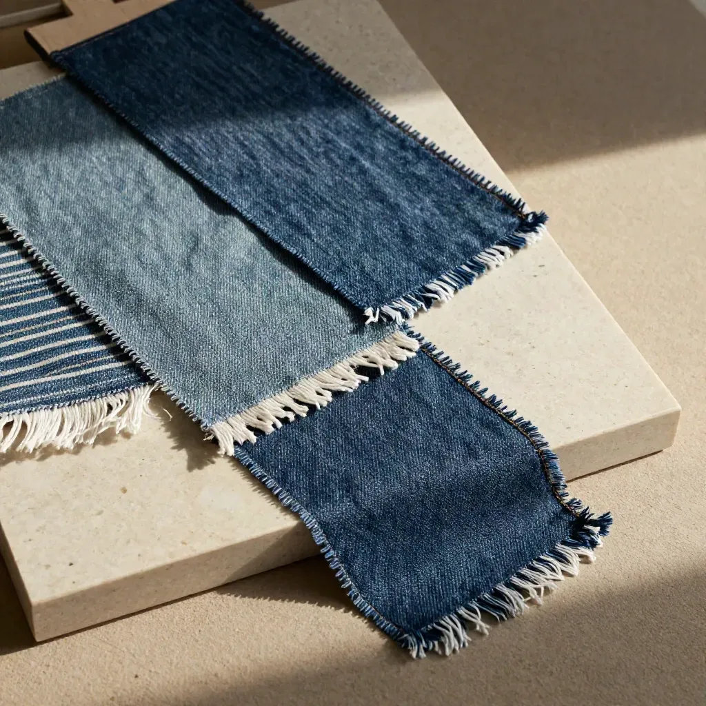 Three indigo denim swatches on a board, showing light, mid, and heavy weights.