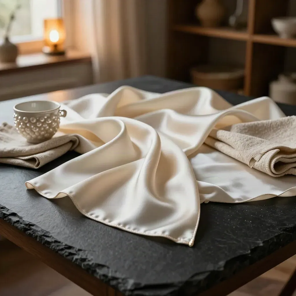 Silk swatches on black stone with a ceramic cup and folded linen in warm late-afternoon light.