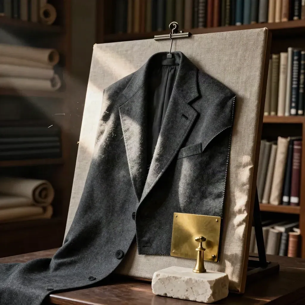 Charcoal wool suiting samples pinned on a linen board with brass weight and stone block in a textile archive.