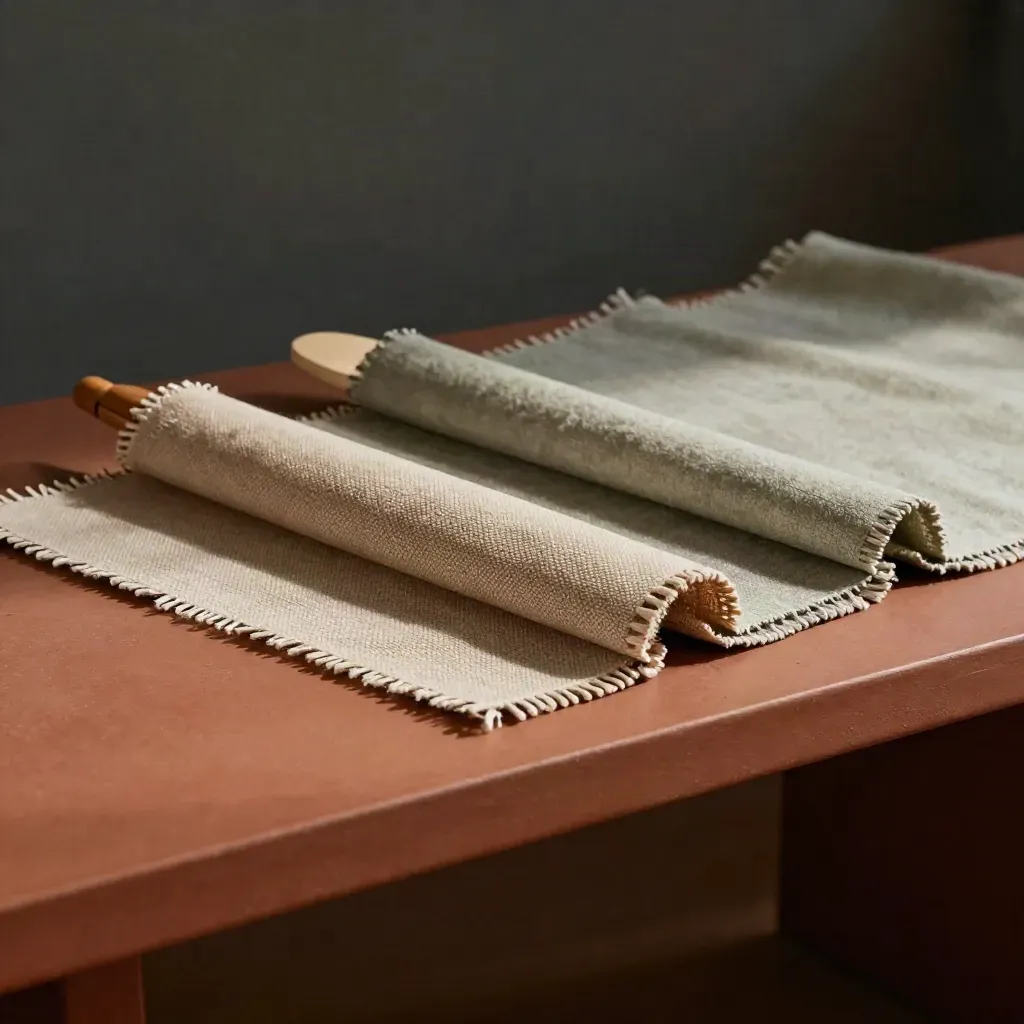 Open-weave linen swatches and a wooden shuttle on a terracotta archive bench with soft haze.