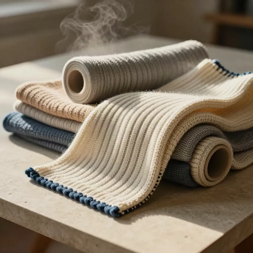 Stacked knit tubes flexing on stone, with steam haze and indigo accent