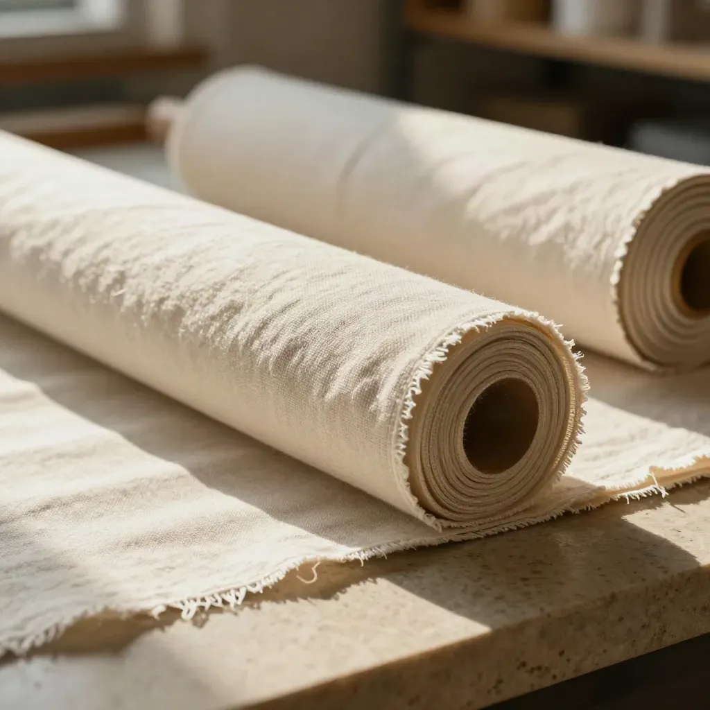Base cloth rolls and folded print proof on a limestone cutting bench in warm studio light.
