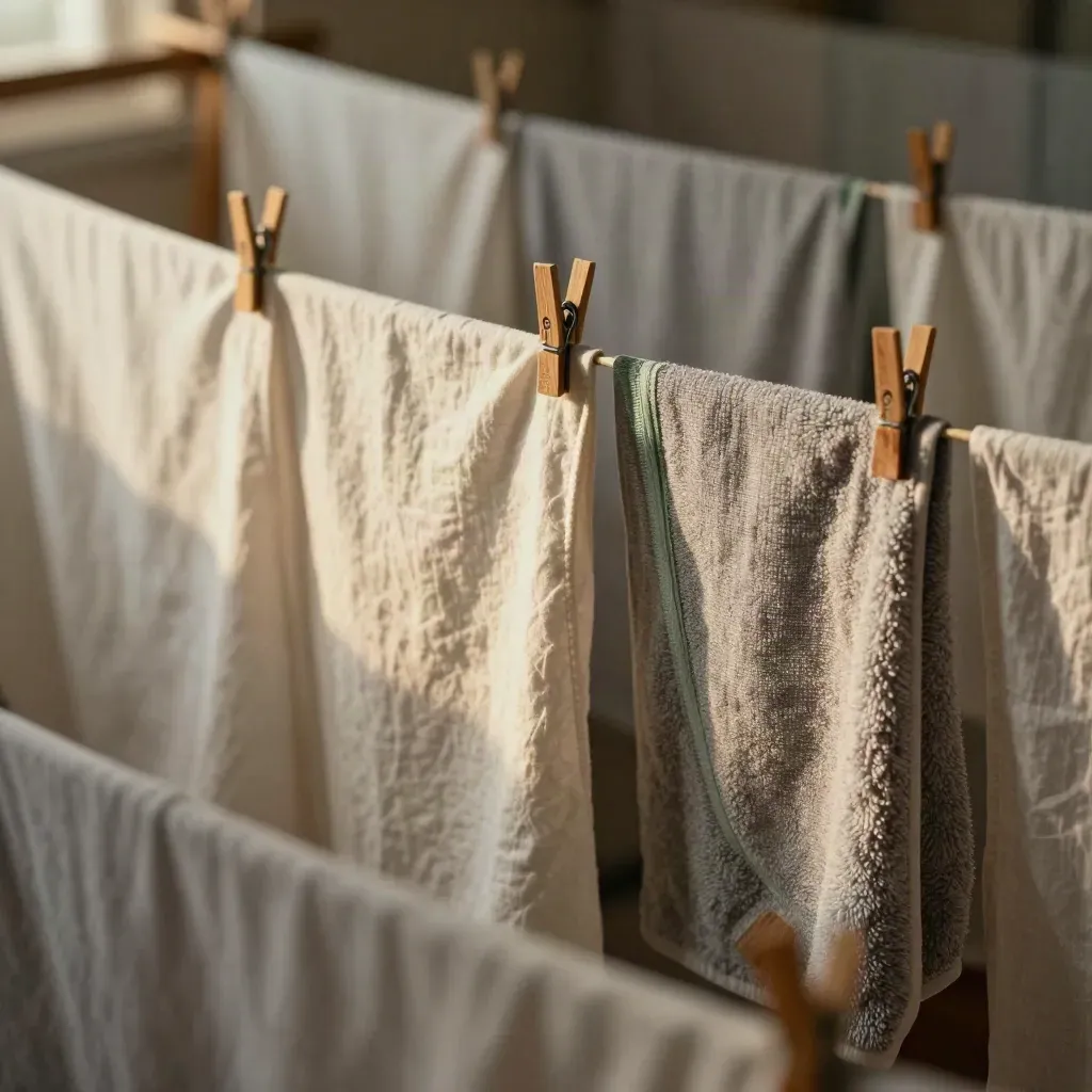 Cloth care tags flutter on drying fabrics beside a cedar block and hanging towel in warm window light.