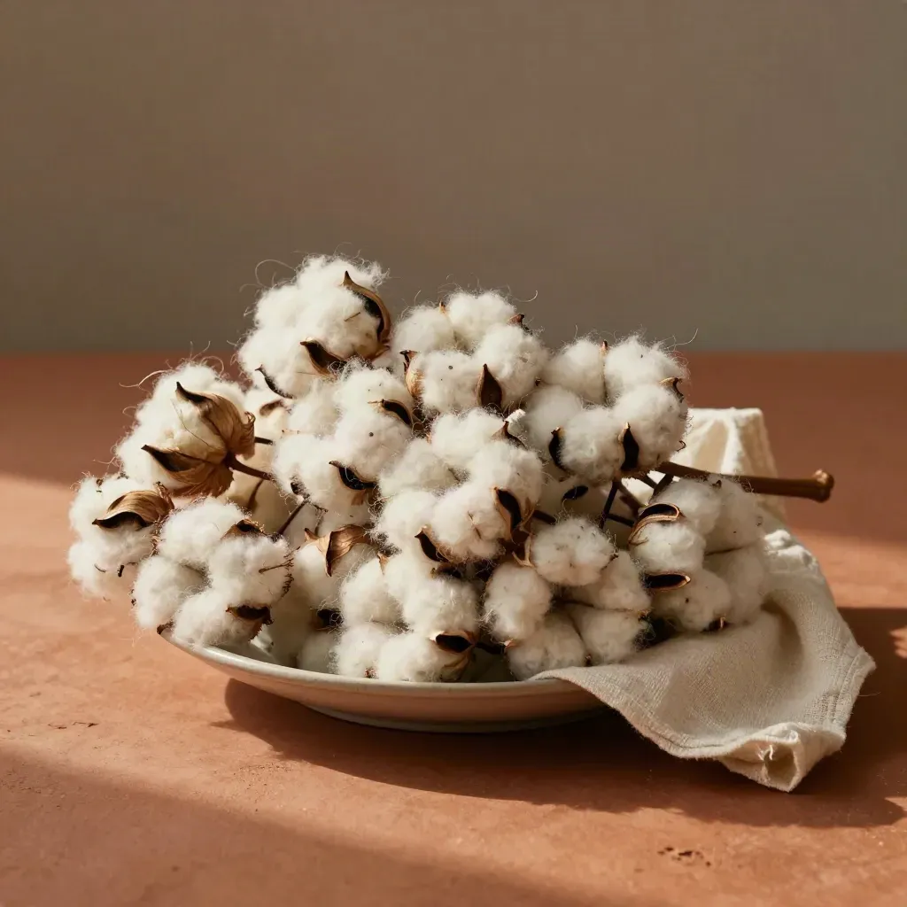 Overhead fiber bundle in a ceramic dish on warm terracotta clay