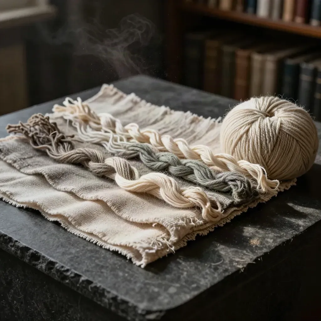 Blended yarn skeins and swatches in a dark archive, lit to reveal cotton-linen and silk-wool texture.