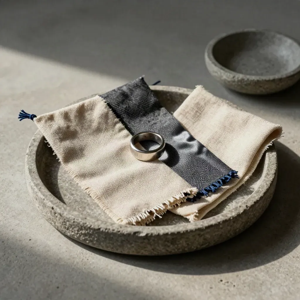 Weave sample ring with four textile textures on a stone tray beside a cloth square and dish.