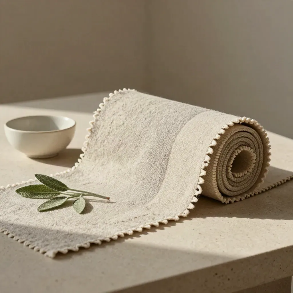 Boucle swatch, cotton strip, ceramic bowl, and sage sprig on a pale plaster desk.