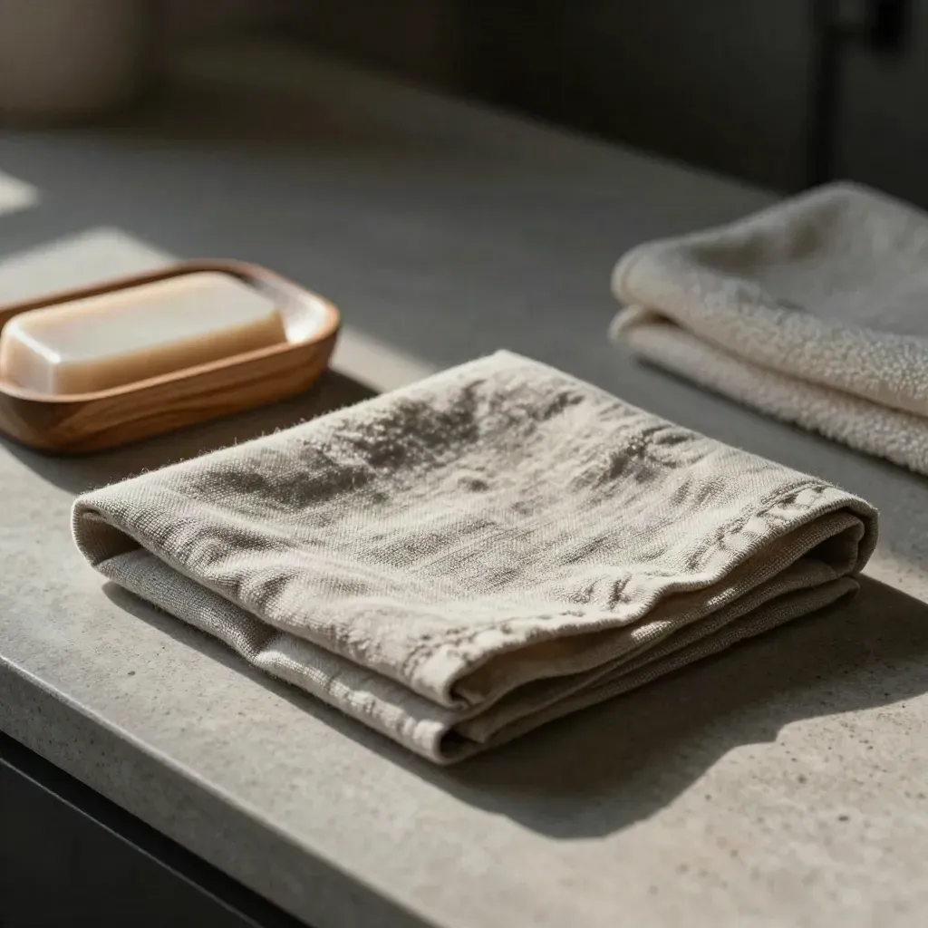 Pressed linen fold with soap dish, cedar block, and towel on pale stone, overhead in soft light.
