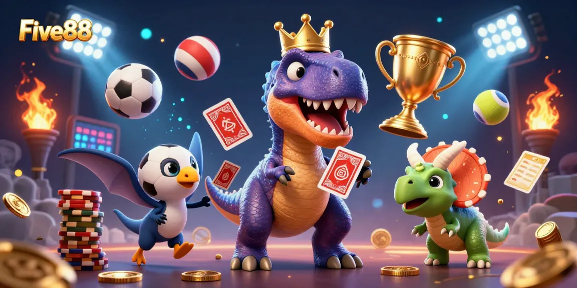 Experience the thrill of Five88 with a friendly T-Rex and vibrant casino elements.