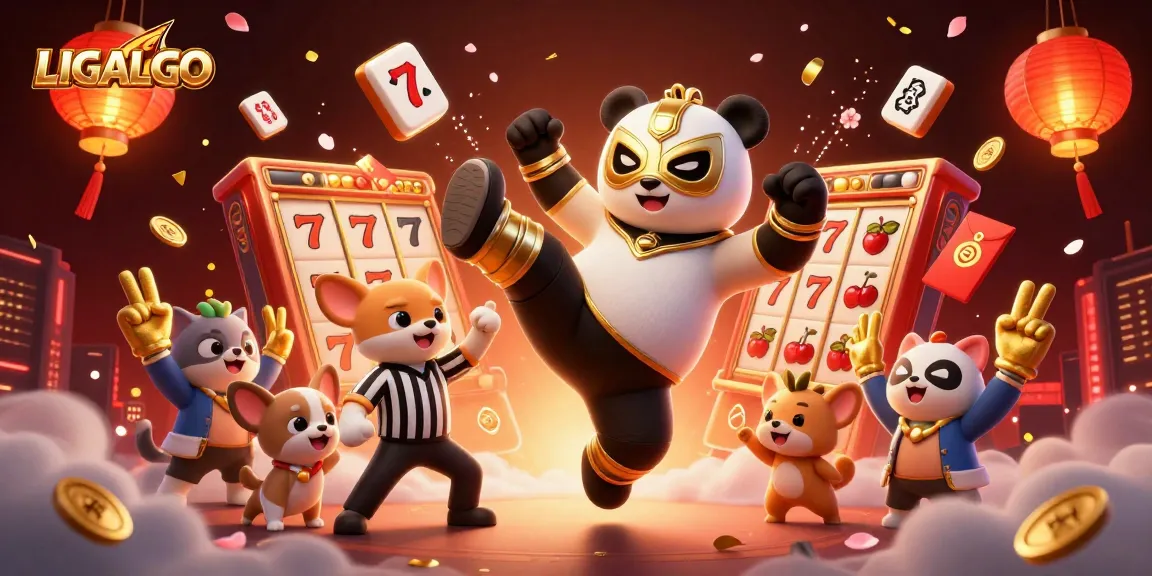 LIGALGO showcases an energetic scene of a wrestler panda, surrounded by slot reels and vibrant festive elements.