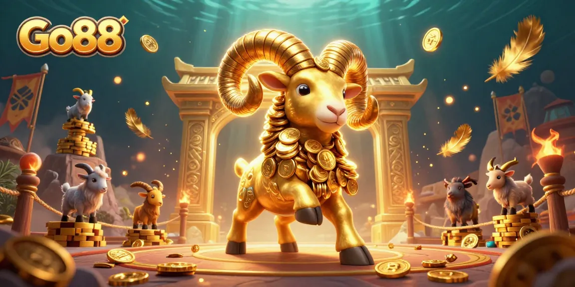 Experience action-packed gaming at Go88 with a golden ram charging through a vibrant casino atmosphere.