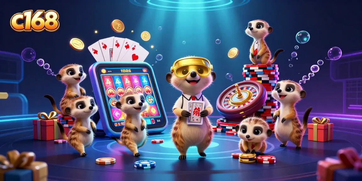 c168 meerkats expertly managing a vibrant casino scene filled with slots and poker elements