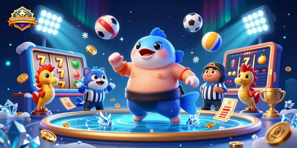 Experience the thrill at siteslikelavishluckcasino with this colorful 3D scene featuring exciting game elements and characters.