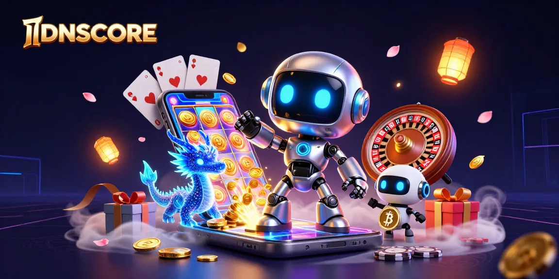 Explore IDNSCORE's vibrant gaming universe with holographic characters and thrilling slot elements.