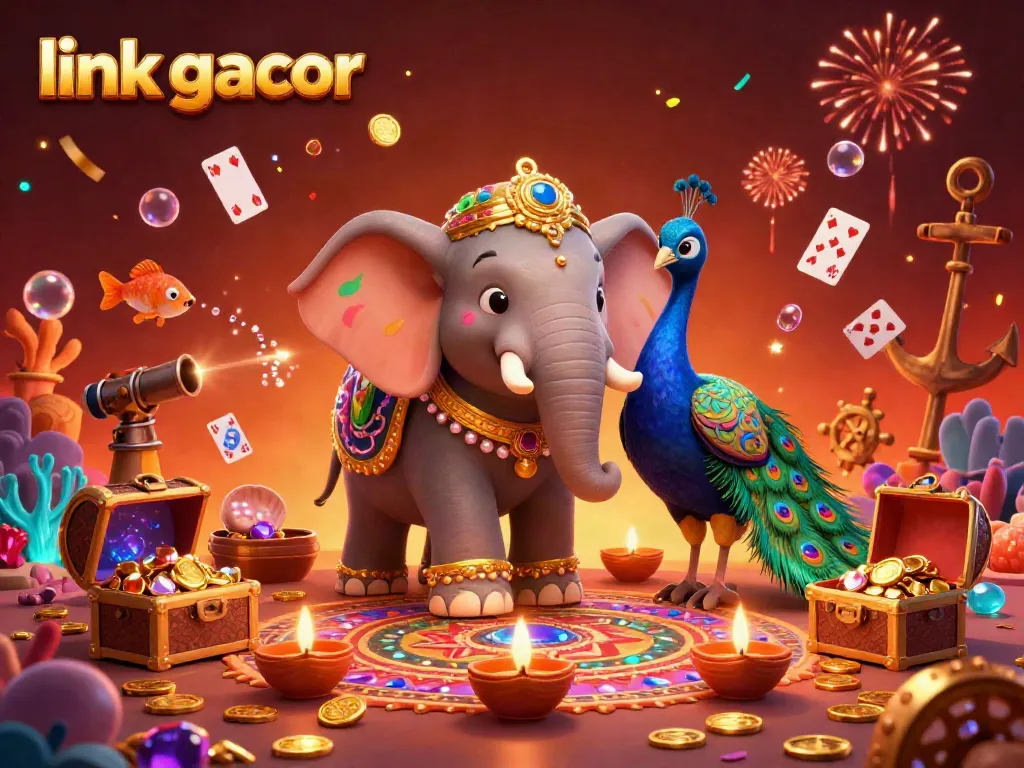 Engage with the vibrant link gacor casino scene featuring a Diwali-themed elephant and peacock surrounded by festive elements.