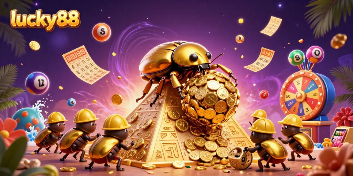 Engage with lucky88's vibrant casino adventure featuring animated beetles and lottery excitement.