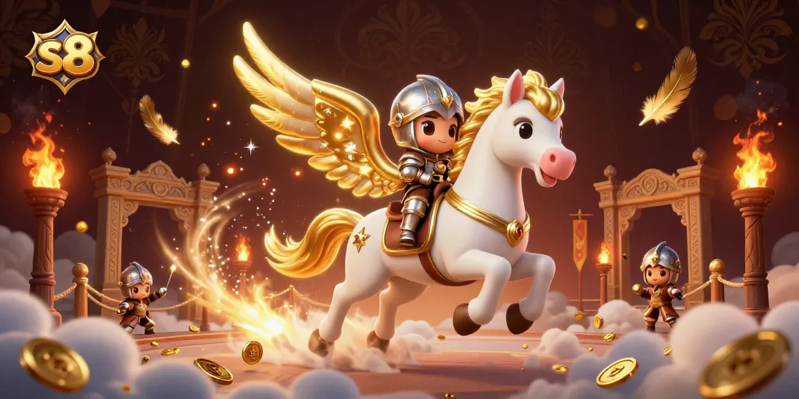 Experience thrilling wins at s8 with a celestial horse and knight in a vibrant 3D casino scene.