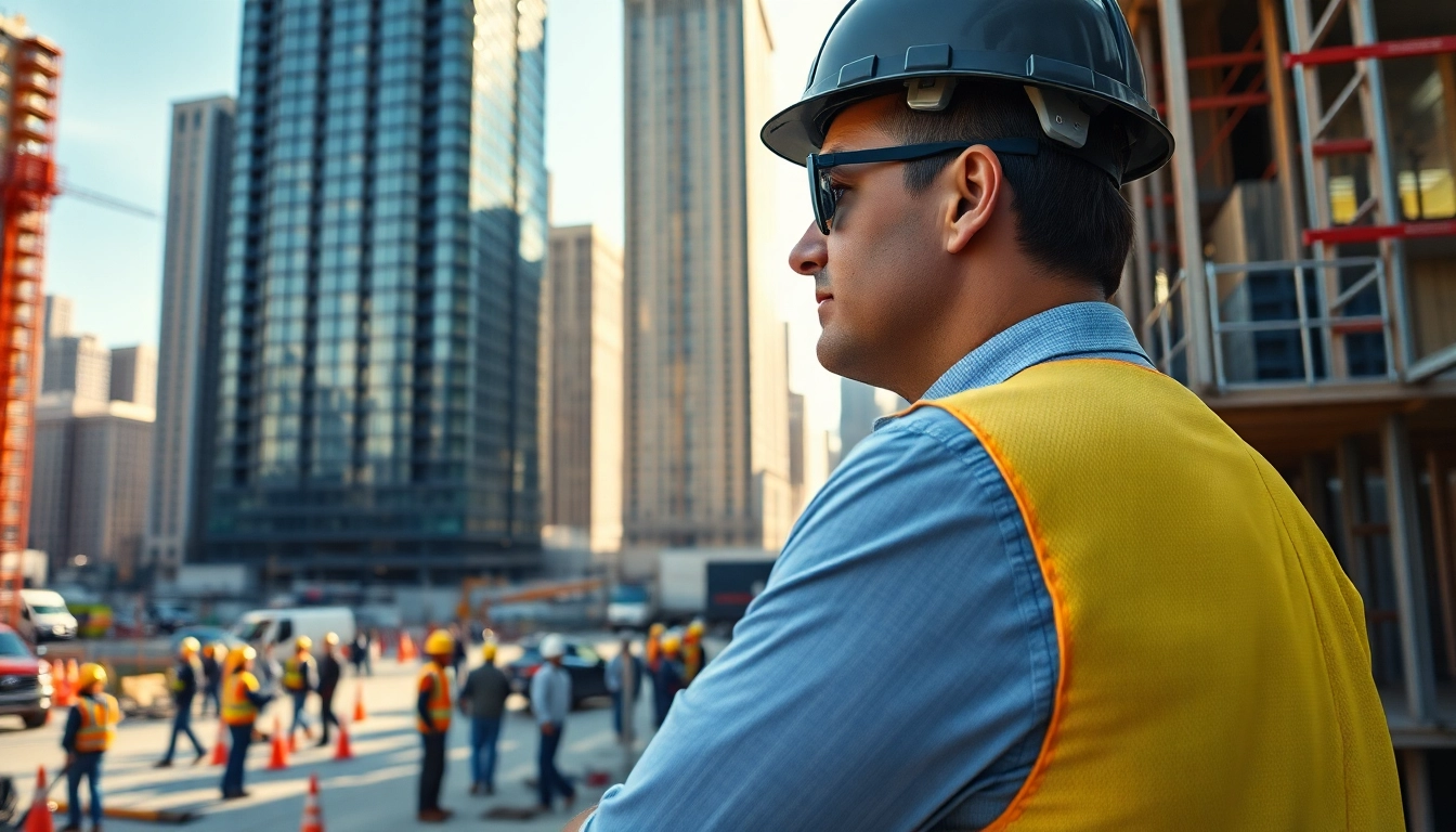 New York City Construction Manager supervising a dynamic construction site filled with activity.