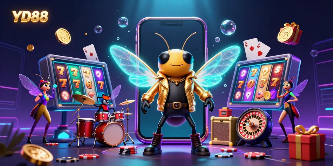 Experience YD88's vibrant gaming environment with a cartoon rock star, colorful slot games, and thrilling casino elements.