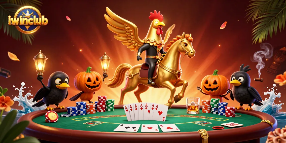 Experience the excitement of poker with iwinclub in this vibrant 3D casino illustration featuring a golden rooster.