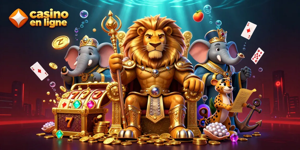 Venez découvrir le royaume des jeux avec "casino en ligne", mettant en vedette le roi lion sur un trône entouré d'éléments de jeux.
