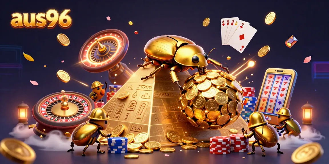 Experience the excitement of aus96 with golden beetles rolling coins in a vibrant casino scene.