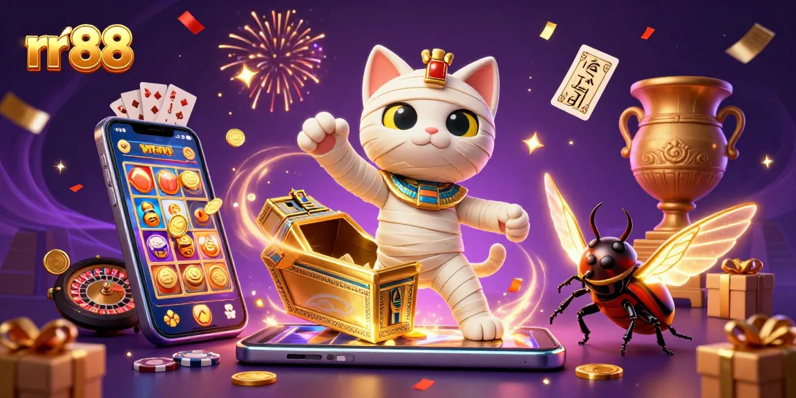 Experience the excitement of rr 88 with a mummy cat and glowing beetle in a vibrant casino scene.