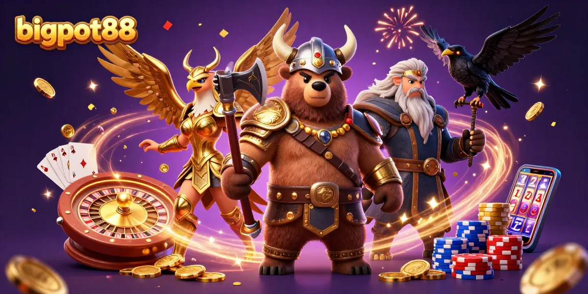 Experience bigpot88 with a Viking berserker and Valkyrie in a vibrant casino scene.