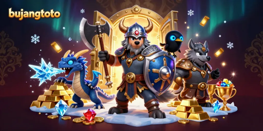 Bujangtoto's dynamic gaming scene with a Viking wolf, dragon, and glowing gems, illustrating online slots.
