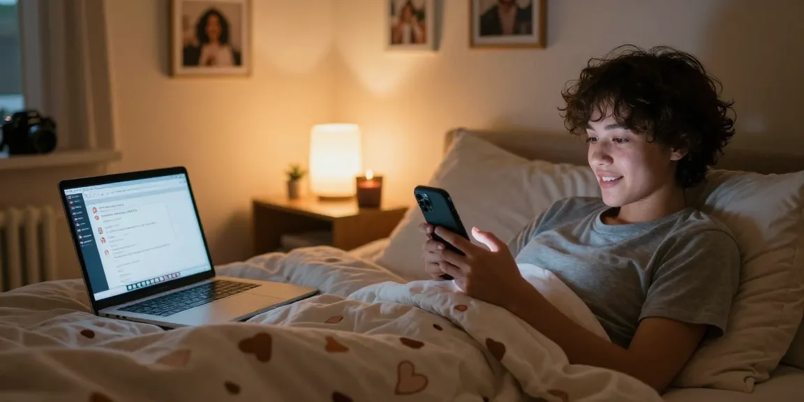 Engaging in ai sexting in a cozy bedroom, showcasing personal connection.