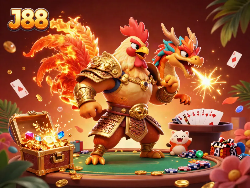 Experience thrilling action with J88 as a cartoon rooster warrior and dragon hatchling celebrate at a poker table.