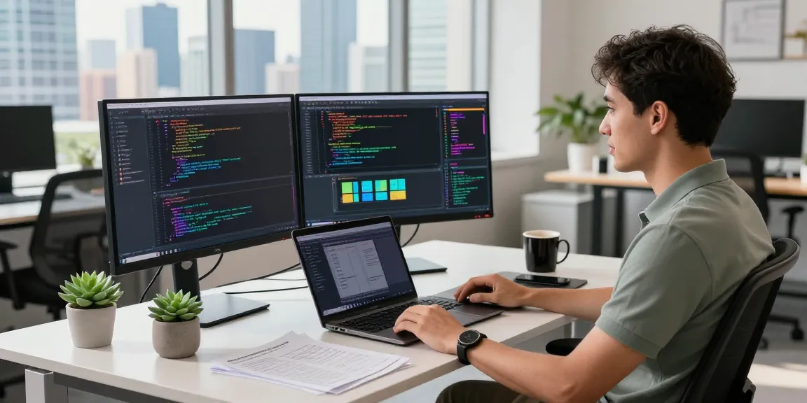 Developer at a tech workspace using bdtjl software on dual monitors with city skyline view.