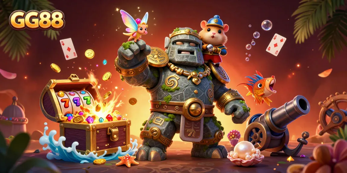 Spin the reels at GG88, featuring a dynamic scene with a stone golem and magical elements.