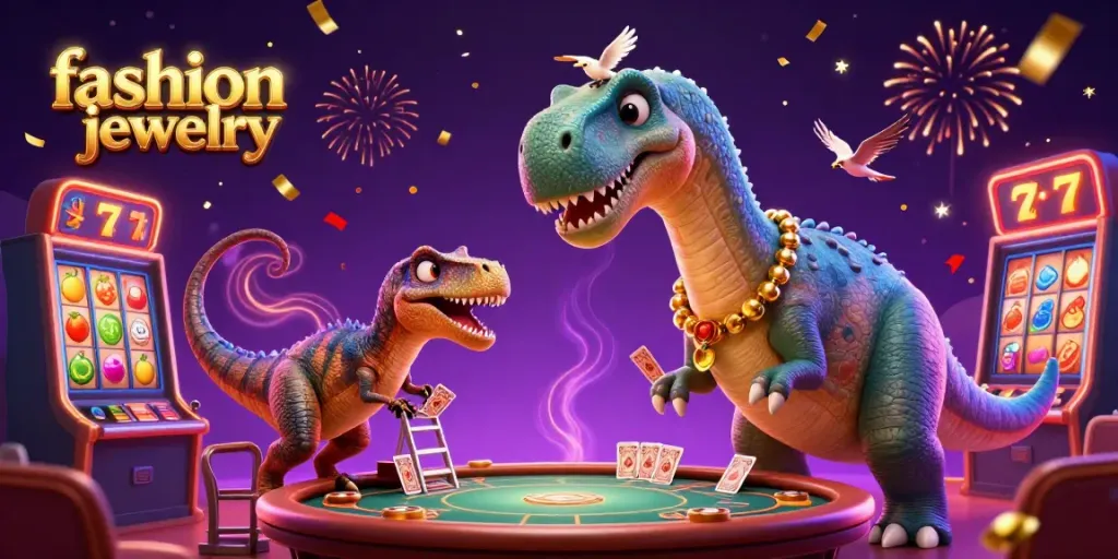 Engaging scene of fashion jewelry elements amid a lively casino with slot game visuals.