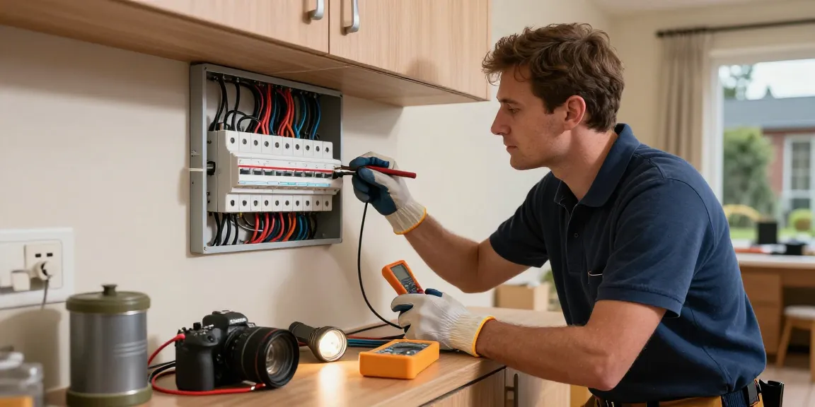Emergency electrician in Cannock examining breaker panel for corluticaret.net during urgent electrical repair.