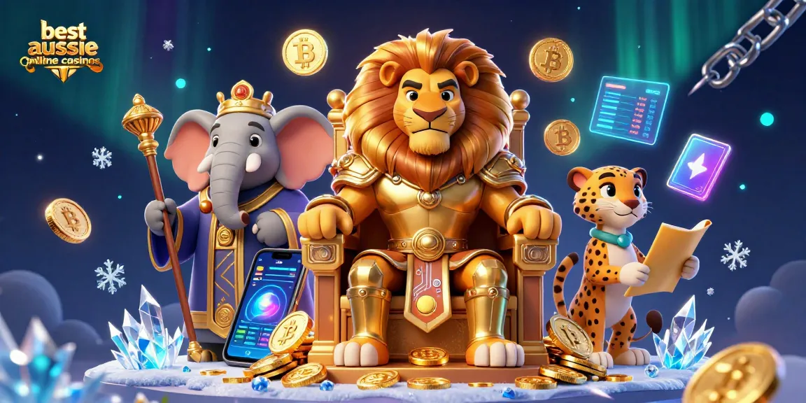 Experience the excitement of best aussie online casinos with a vibrant 3D scene showcasing a lion king, elephant advisor, and cheetah messenger.