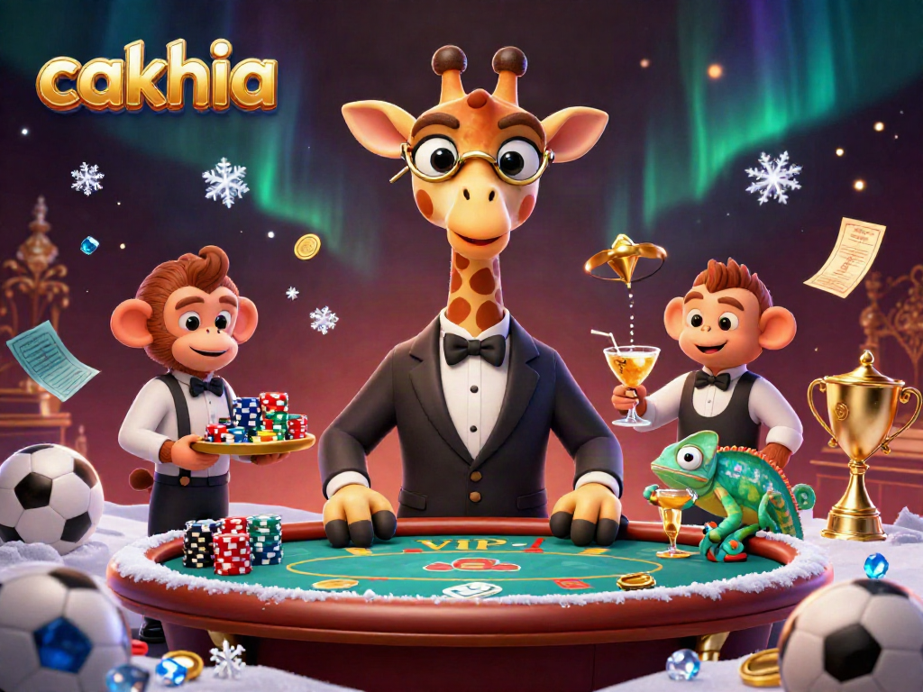 Experience the exciting gambling action at Cakhia with a vibrant giraffe dealer, monkey valet, and chameleon bartender.