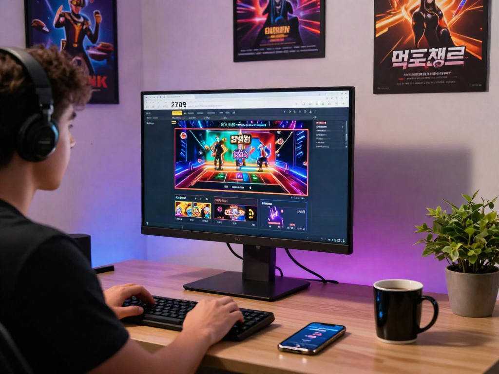 Interactive 먹튀검증 platform on a computer screen in a vibrant online gambling workspace.