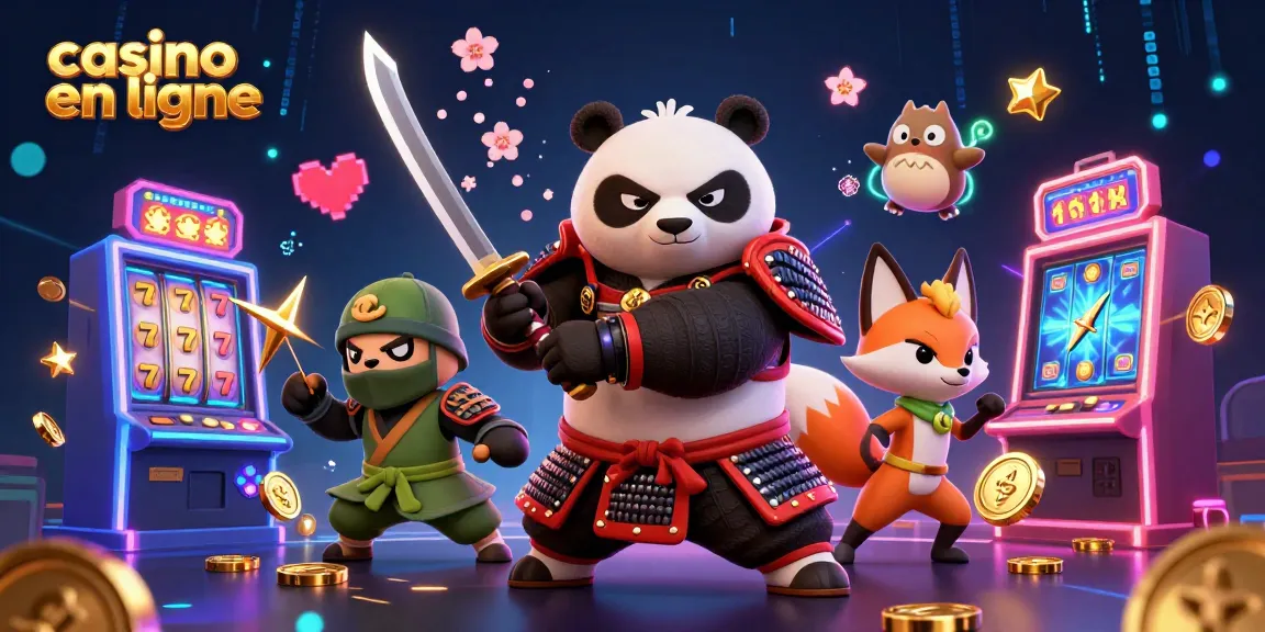 Vivez l'excitation du casino en ligne avec ce panda samouraï et un renard ninja divertissant, entourés de machines à sous colorées.