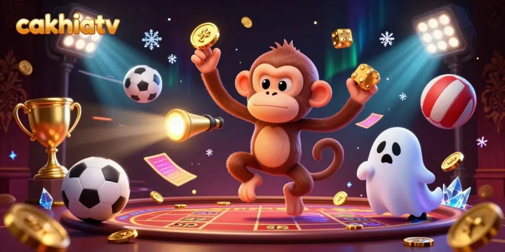 CakhiaTV showcases a mischievous poltergeist monkey juggling golden casino elements while a curious puppy tracks it.
