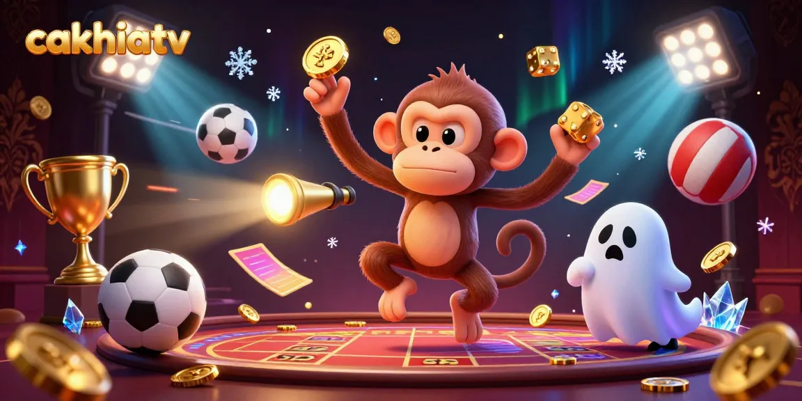 CakhiaTV showcases a mischievous poltergeist monkey juggling golden casino elements while a curious puppy tracks it.