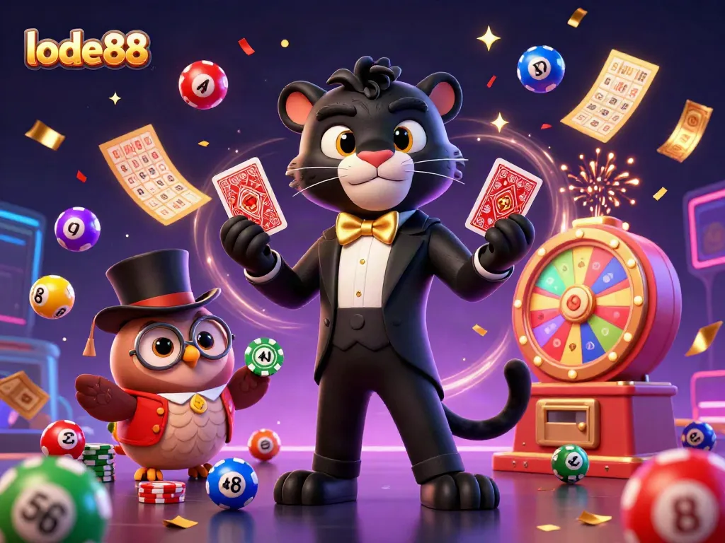 lode88 showcases a lively casino atmosphere with characters dealing cards and vibrant game elements.