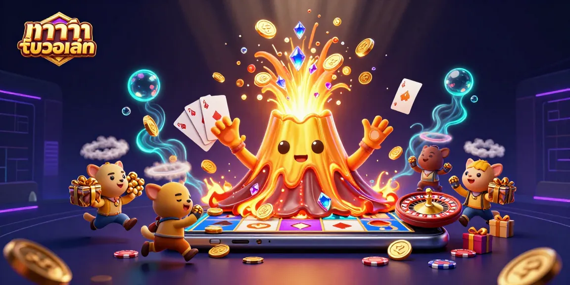 Engage with บาคาร่ารับวอเลท as a golden volcano erupts with treasure and gaming excitement.